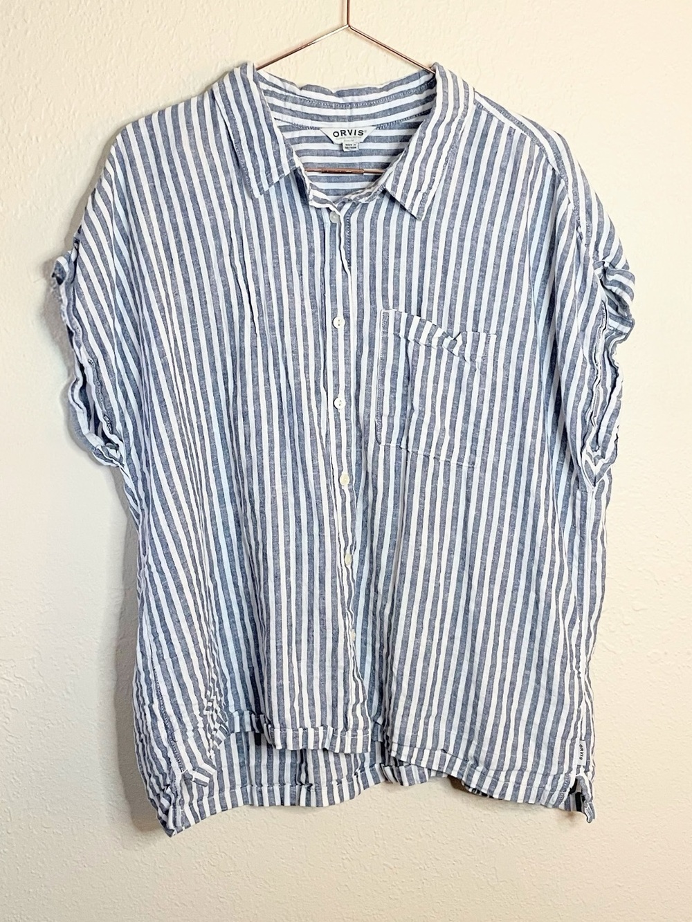 Orvis Blue White Linen Blend Striped Button Down XL